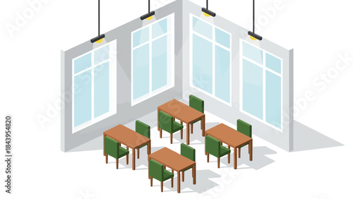 Isometric modern classroom design with wooden desks and green chairs