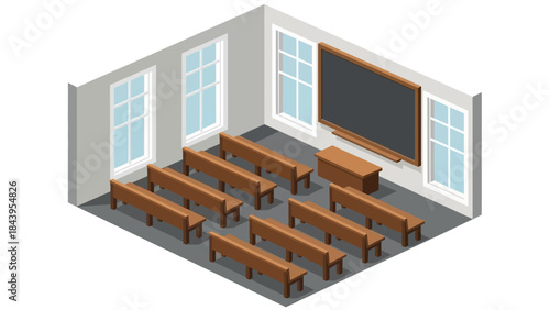 Isometric classroom interior with wooden benches and chalkboard