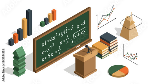Educational isometric design with blackboard, graphs, and geometric shapes for data analysis