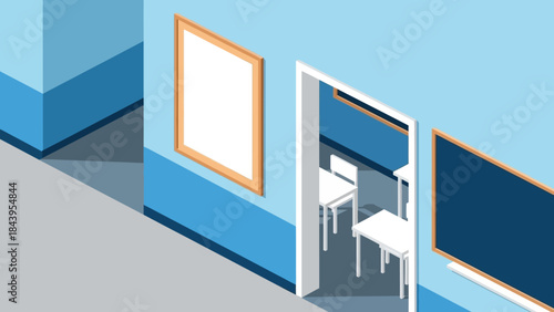 Isometric classroom design with blue geometric elements and minimalist furnishings