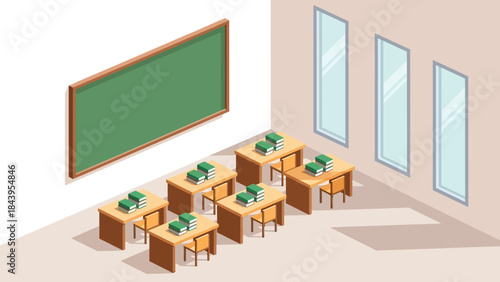 Isometric classroom design with desks and chalkboard in sunlit space
