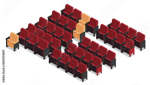 Isometric cinema seating arrangement with red and beige chairs in rows