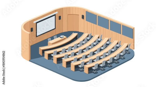Modern educational lecture hall design with isometric perspective and wooden elements