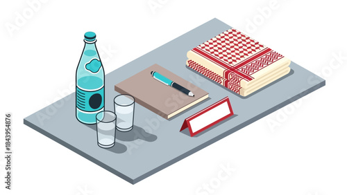 Isometric tabletop with bottle, glasses, notebooks, and napkins