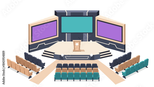 Modern auditorium setup with podium and screens in isometric design