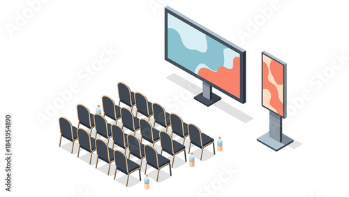 Isometric conference setup with chairs and digital screens