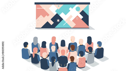 Diverse audience watching abstract presentation in modern minimalist style