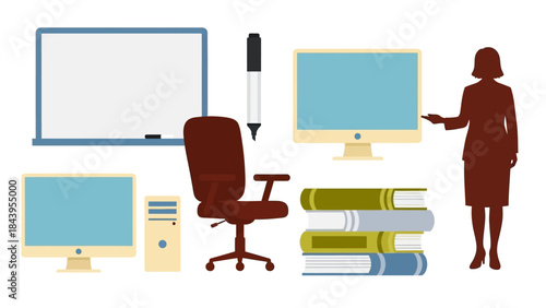 Flat design office and classroom essentials: computers, whiteboard, chair, books, and teacher silhouette