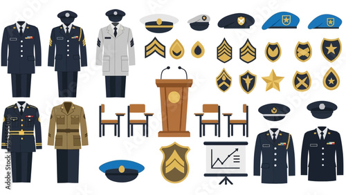 Collection of uniforms and insignia with podium and chairs in flat style design