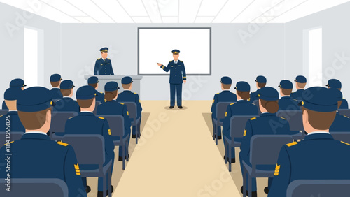 Officer training seminar in conference room with professional presentation