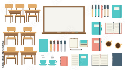 Flat style classroom essentials with desks, whiteboard, and stationery for educational projects