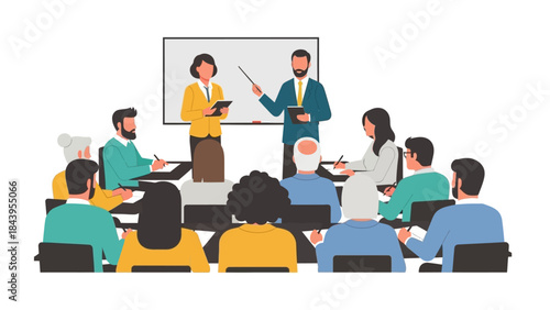 Business training seminar with presenters and attentive audience