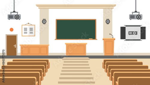 Modern lecture hall with wooden furnishings and advanced technology