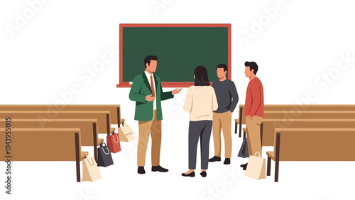 Group discussion in classroom with shopping bags and chalkboard background