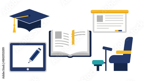 Education elements: graduation cap, book, tablet, classroom icons in flat design