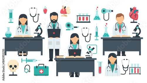 Healthcare professionals with medical equipment: flat design for education and analysis
