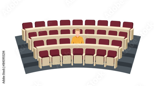 Isometric auditorium with empty seats and single person
