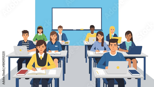 Diverse classroom with students studying on laptops in a modern learning environment