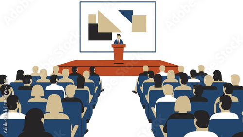 Business conference audience listening to speaker in modern flat design