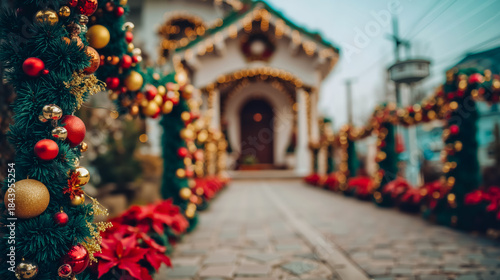 Fototapeta Naklejka Na Ścianę i Meble -  A festive holiday scene with a pathway lined with Christmas decorations including garlands lights and poinsettias leading to a white building with a green roof and a bell tower