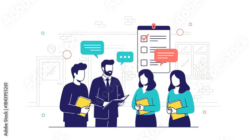 Team collaboration scene with checklist and speech bubbles in modern office setting