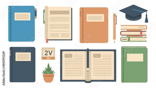 Flat design study essentials with books, notebooks, and graduation cap