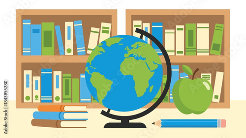 Educational resources: colorful globe, books, and apple in library setting