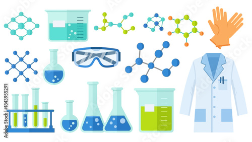 Scientific laboratory equipment set featuring molecule structures and protective gear