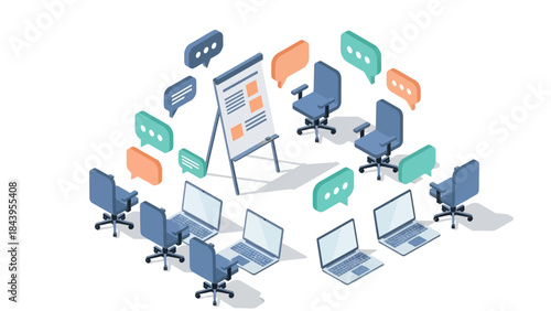 Isometric office meeting setup with laptops and chairs