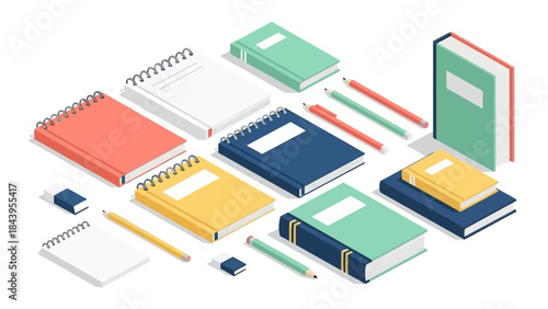 Colorful isometric stationery set with notebooks, pencils, and erasers on white background