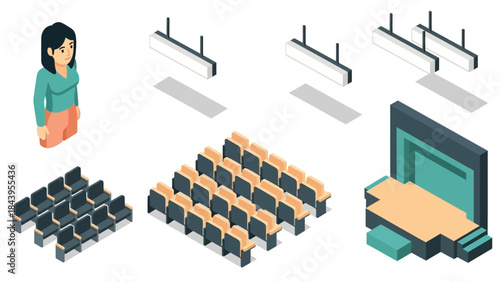 Isometric theater set: audience seating, stage, and lighting elements with character design