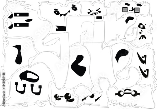 Abstract Composition of Faces and Shapes in Black and White.