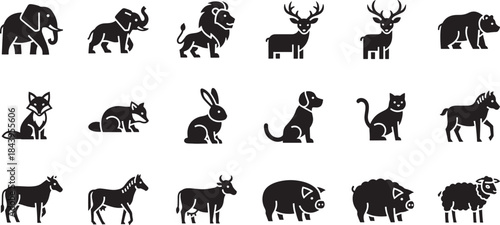 Collection of Diverse Animal Silhouettes Mammals, Farm Animals, and Wildlife
