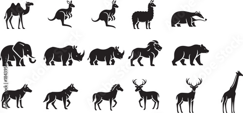 Vector graphic collection of wild animal silhouettes. A set of isolated zoo and safari mammal icons for design
