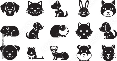 A set of fifteen domestic pet animal icons featuring dogs, cats, rabbits, and rodents. Simple black and white vector silhouette collection for graphic design