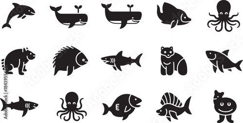 Collection of stylized aquatic and land creature icons, featuring marine life and mammals