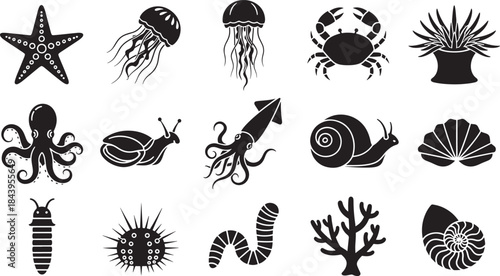Extensive collection of black silhouette vector icons featuring diverse marine animals and sea creatures, ideal for ocean-themed graphic design and educational resources