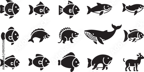 Collection of various fish and animal silhouettes, including different types of fish, whale, and land animal, all simple, stylized design. silhouettes are arranged rows, showcasing variety