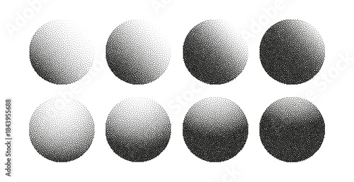Dotwork halftone circle vector background set. Abstract circle dot explosion burst half tone effect