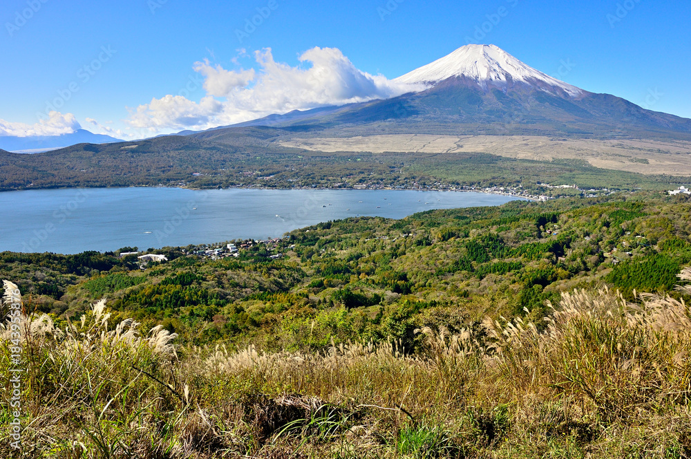 Fototapeta premium 道志山塊の大平山山頂より雪化粧した富士山と山中湖