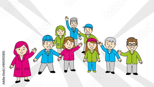 Diverse cartoon characters waving in group setting with geometric background