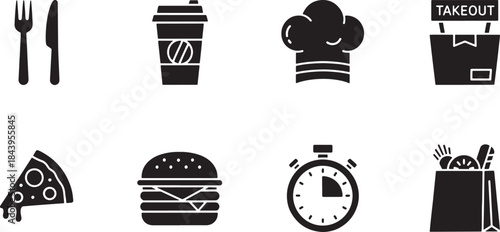 Icons representing dining and food include fork and knife coffee cup chef hat takeout box pizza slice burger timer and grocery bag