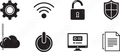 Modern vector icons for digital technology and user interfaces. Symbols for settings, wireless, security, cloud storage, power, and data management in web design and apps