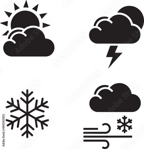 Set of stylized icons representing different weather conditions sun, storm, snowflake, and windy snow
