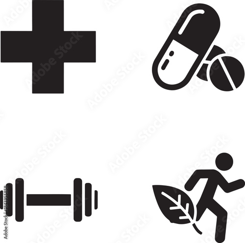 Medical and wellness icons cross, pills, dumbbell, and runner with leaf