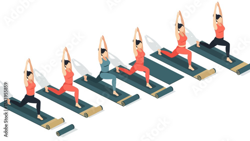 Women practicing yoga in group session with isometric perspective