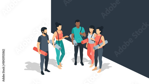 Diverse group of people holding yoga mats in modern isometric style