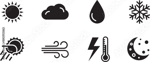 Clean black and white vector weather icons for digital projects, illustrating various atmospheric phenomena like sun, clouds, rain, snow, wind, and stormy conditions for clear visualization