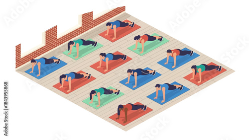 Isometric group exercise class with diverse participants doing push-ups in gym setting