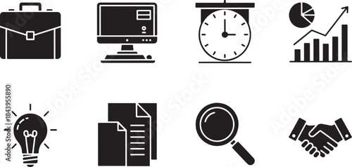 Diverse collection of essential business and office management icons, including symbols for strategy, analytics, time, innovation, documents, and collaboration